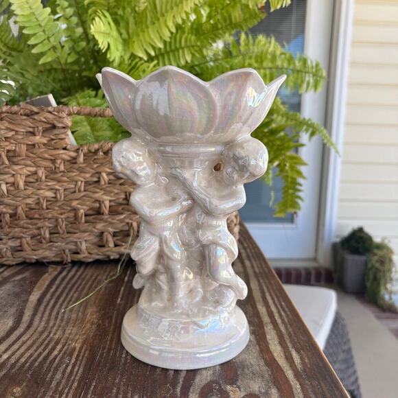 Mother of pearl figurine soap dish 2 cherubs 1970's Vtg Luster finish Tulip - Picture 4 of 10